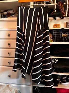 Who What Wear Black and White Asymmetrical Striped Midi Skirt
